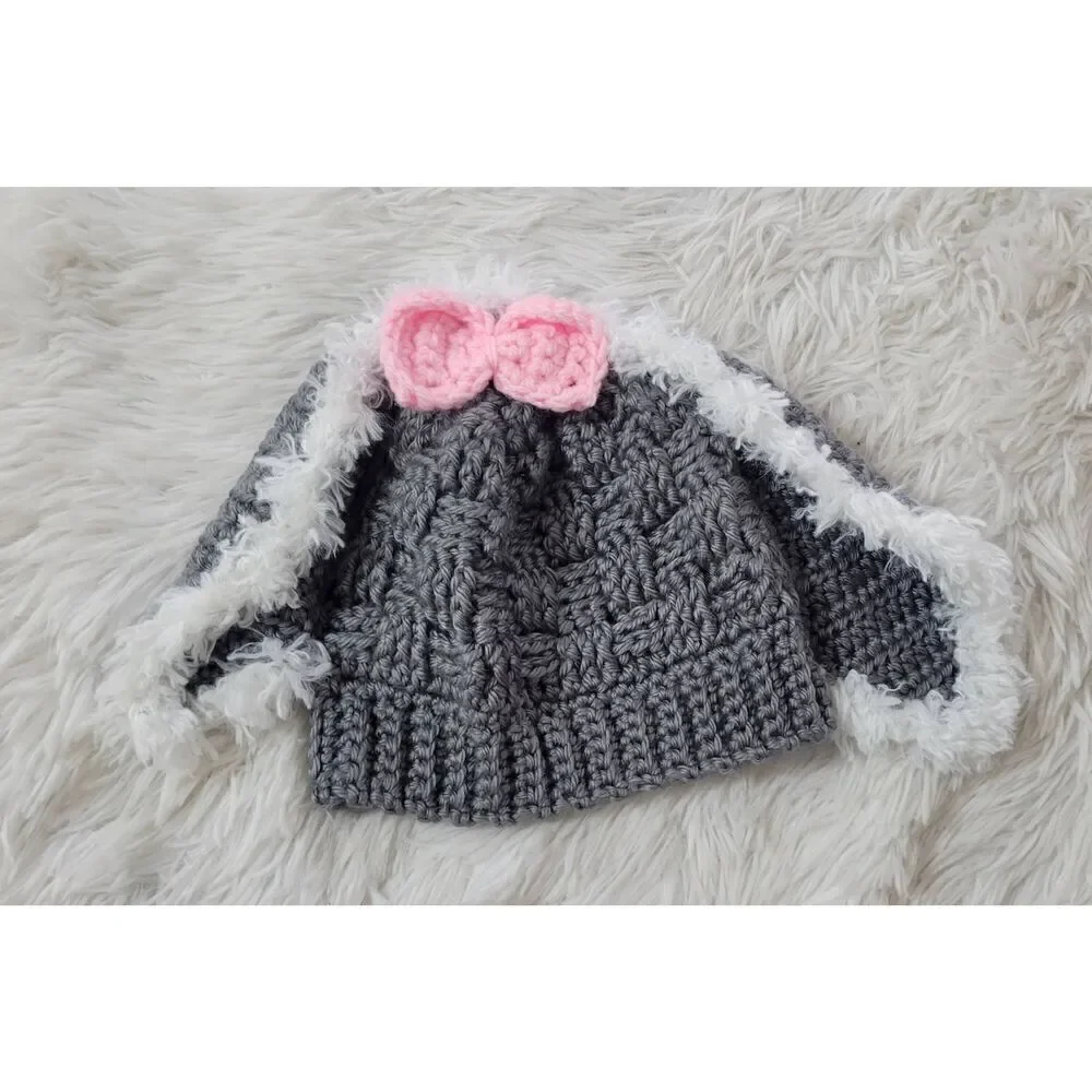 Bunny Hat Crochet Knit Handmade Gray Youth